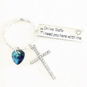 *NEW* Drive Safe Sparkling Heart & Cross Silver Charm Keychain